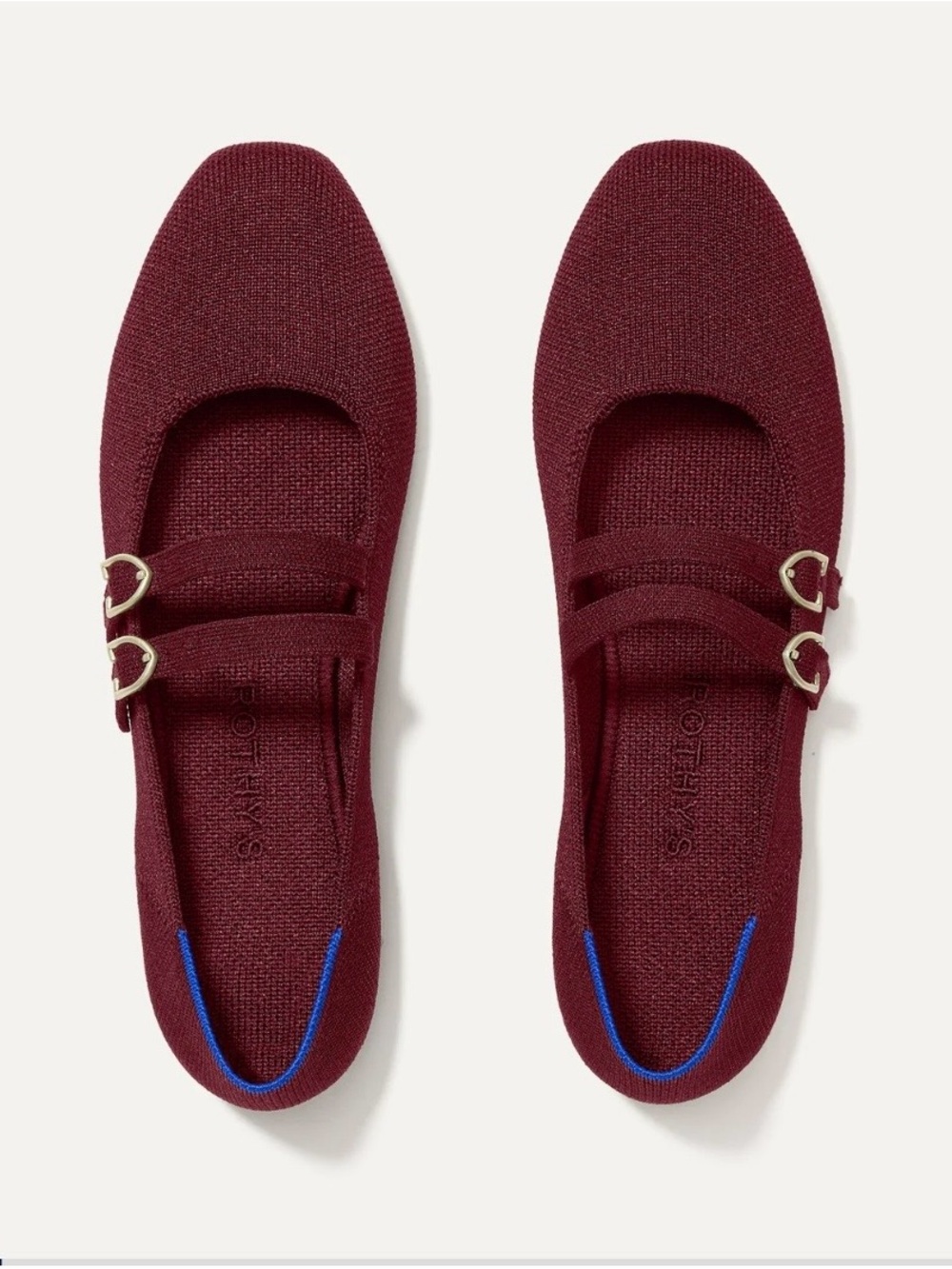 Rothy's Burgundy Knit Double-Strap Mary Jane Flats with Gold Buckles